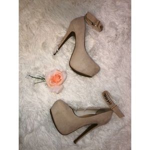 TAUPE ANKLE STRAP FAUX PUMP HEELS